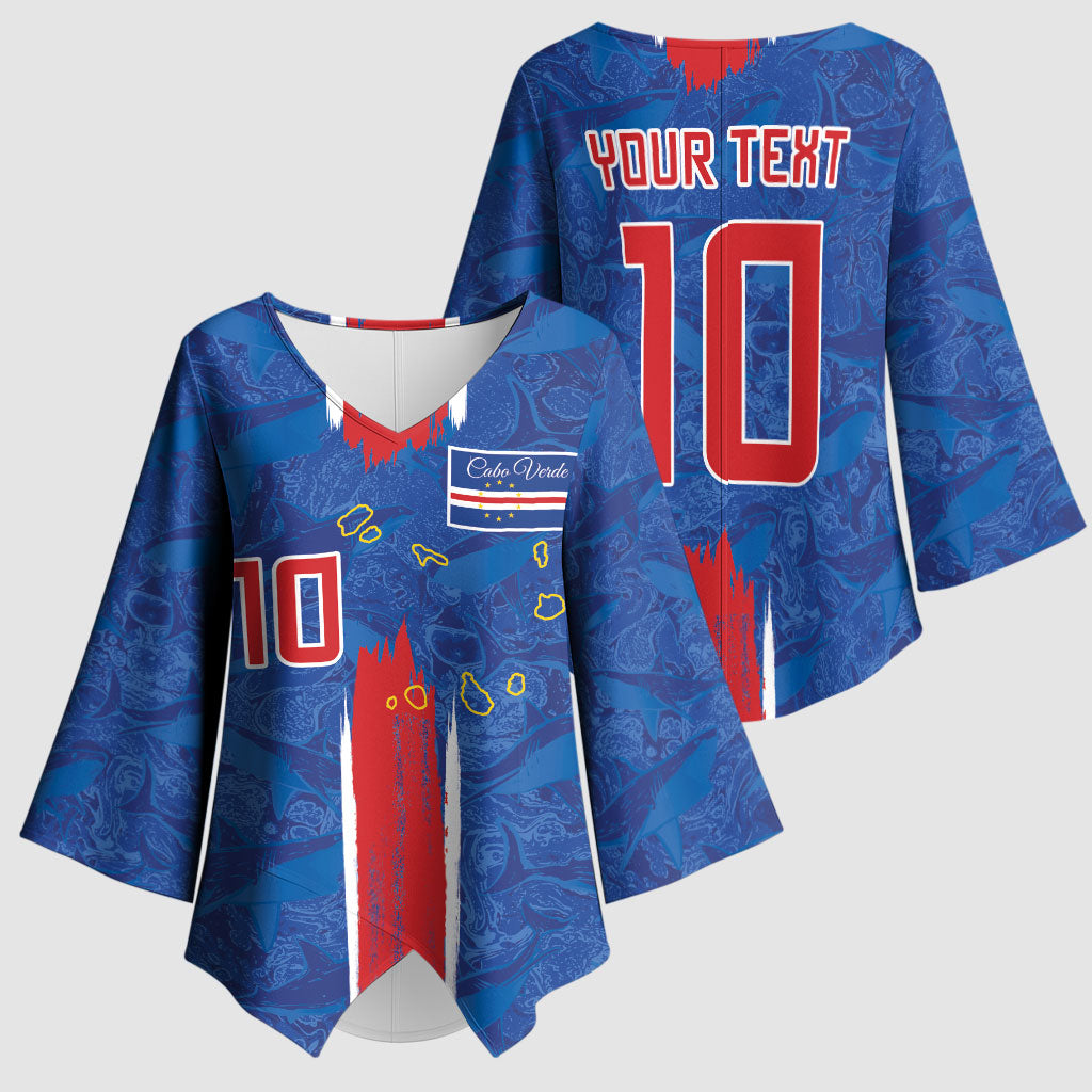 Cabo Verde Custom Kimono Sleeve Blouse Paint Brush Stroke Shark Pattern Map Design