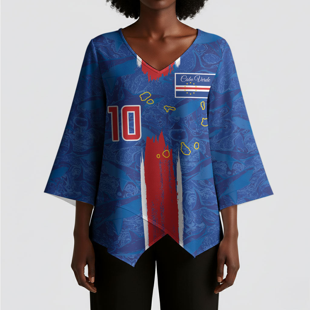 Cabo Verde Custom Kimono Sleeve Blouse Paint Brush Stroke Shark Pattern Map Design