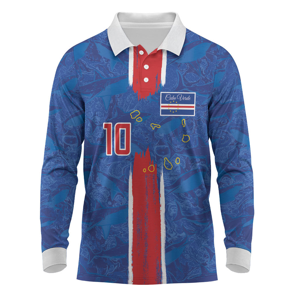 Cabo Verde Custom Long Sleeve Polo Shirt Paint Brush Stroke Shark Pattern Map Design