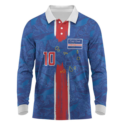 Cabo Verde Custom Long Sleeve Polo Shirt Paint Brush Stroke Shark Pattern Map Design