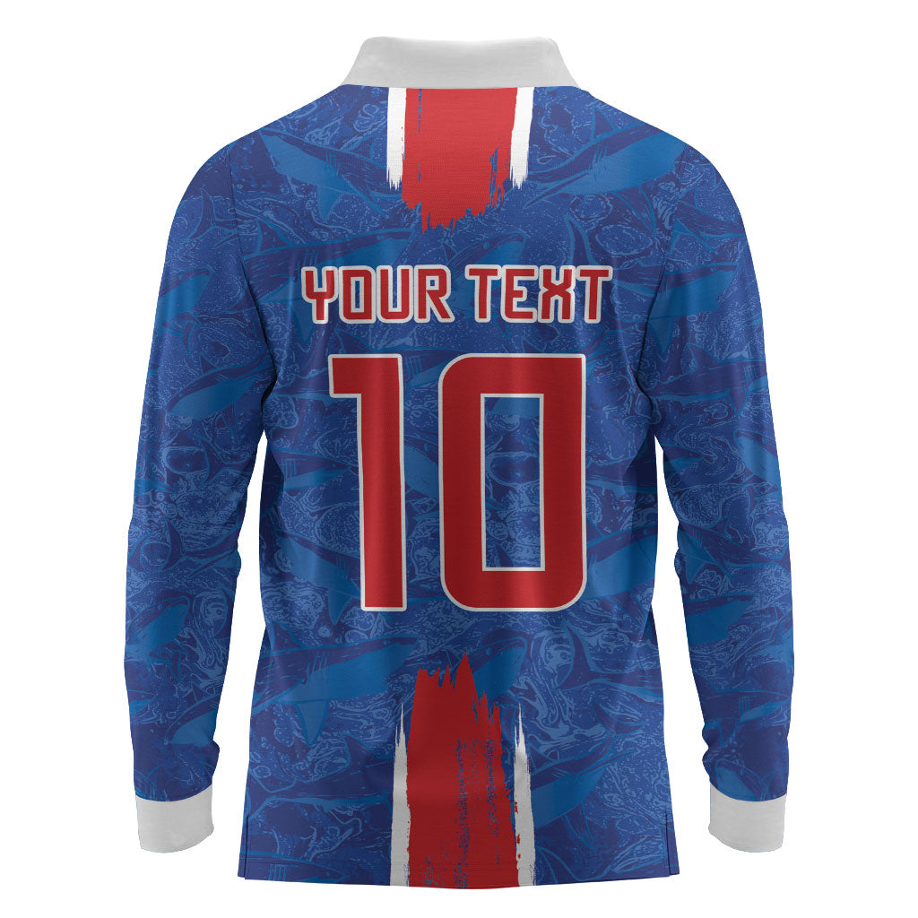 Cabo Verde Custom Long Sleeve Polo Shirt Paint Brush Stroke Shark Pattern Map Design