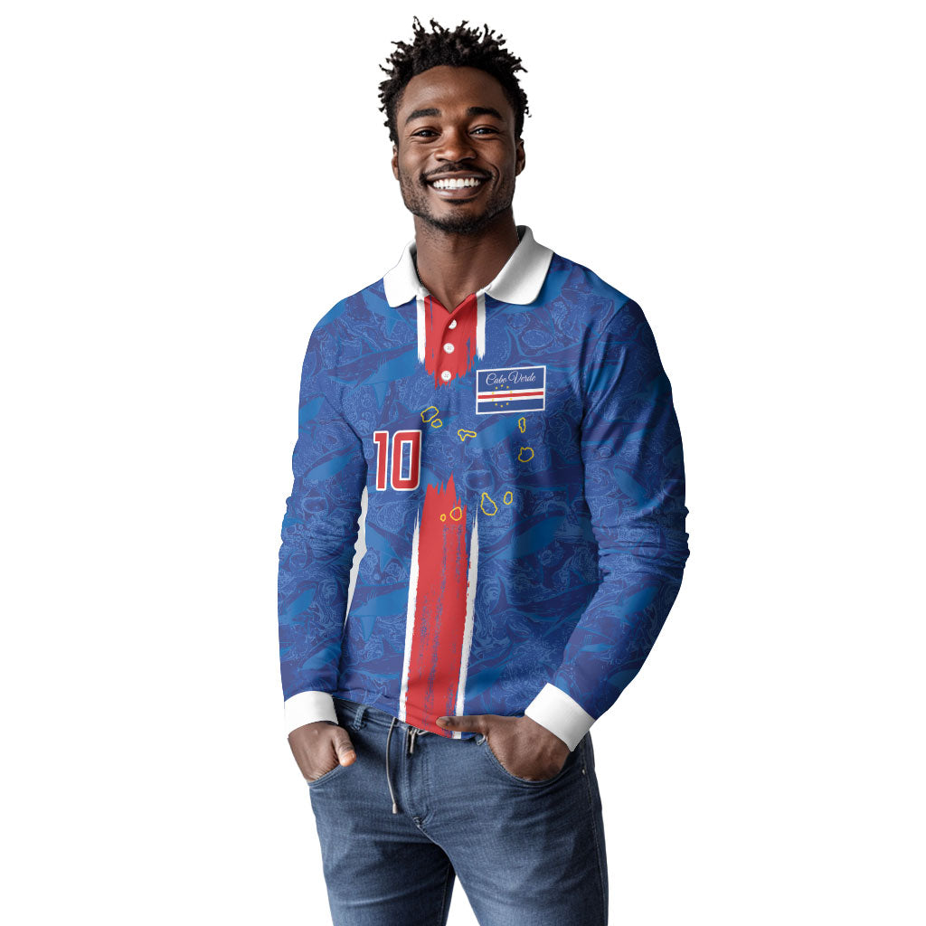 Cabo Verde Custom Long Sleeve Polo Shirt Paint Brush Stroke Shark Pattern Map Design