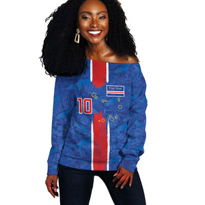 Cabo Verde Custom Off Shoulder Sweater Paint Brush Stroke Shark Pattern Map Design