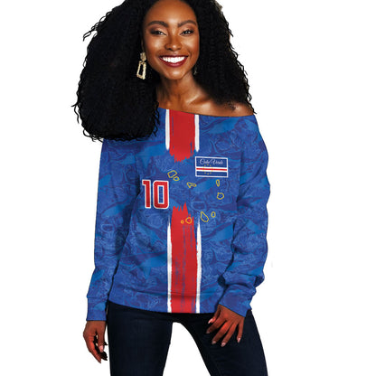 Cabo Verde Custom Off Shoulder Sweater Paint Brush Stroke Shark Pattern Map Design