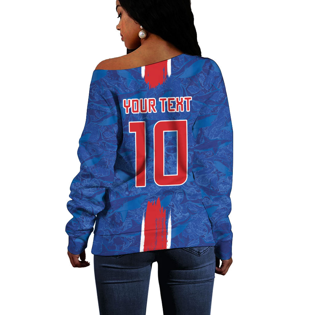 Cabo Verde Custom Off Shoulder Sweater Paint Brush Stroke Shark Pattern Map Design