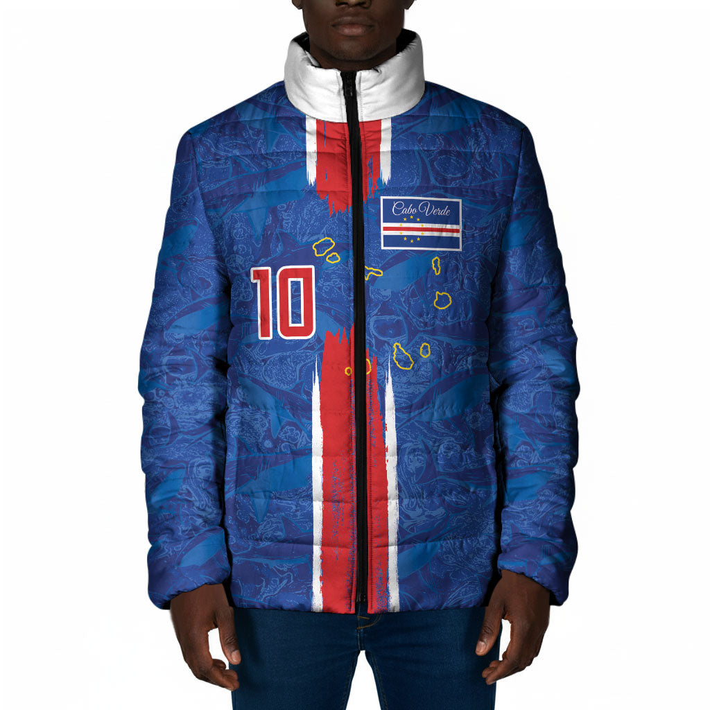 Cabo Verde Custom Padded Jacket Paint Brush Stroke Shark Pattern Map Design