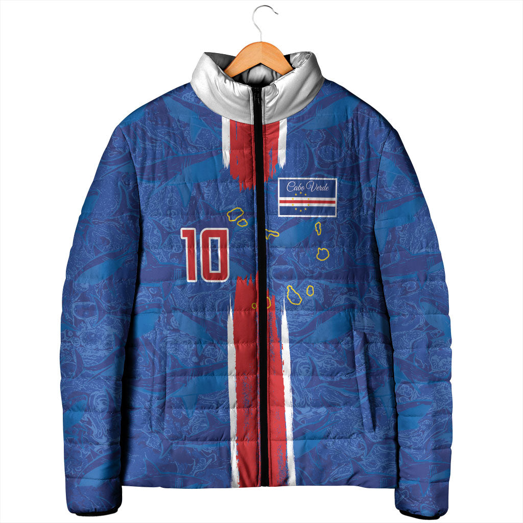Cabo Verde Custom Padded Jacket Paint Brush Stroke Shark Pattern Map Design