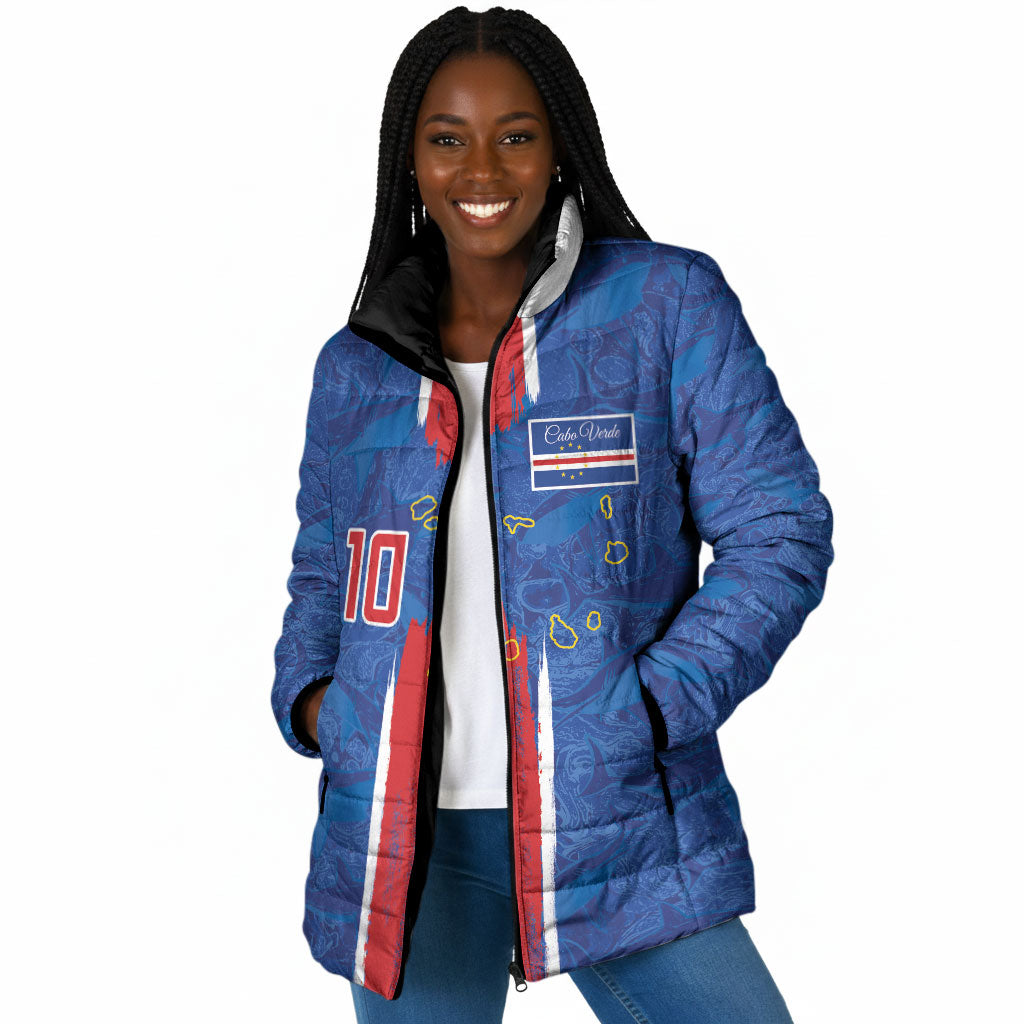 Cabo Verde Custom Padded Jacket Paint Brush Stroke Shark Pattern Map Design