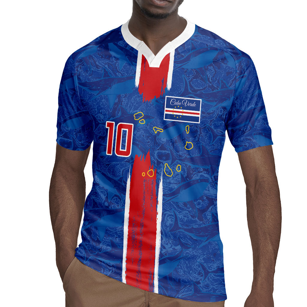 Cabo Verde Custom Rugby Jersey Paint Brush Stroke Shark Pattern Map Design