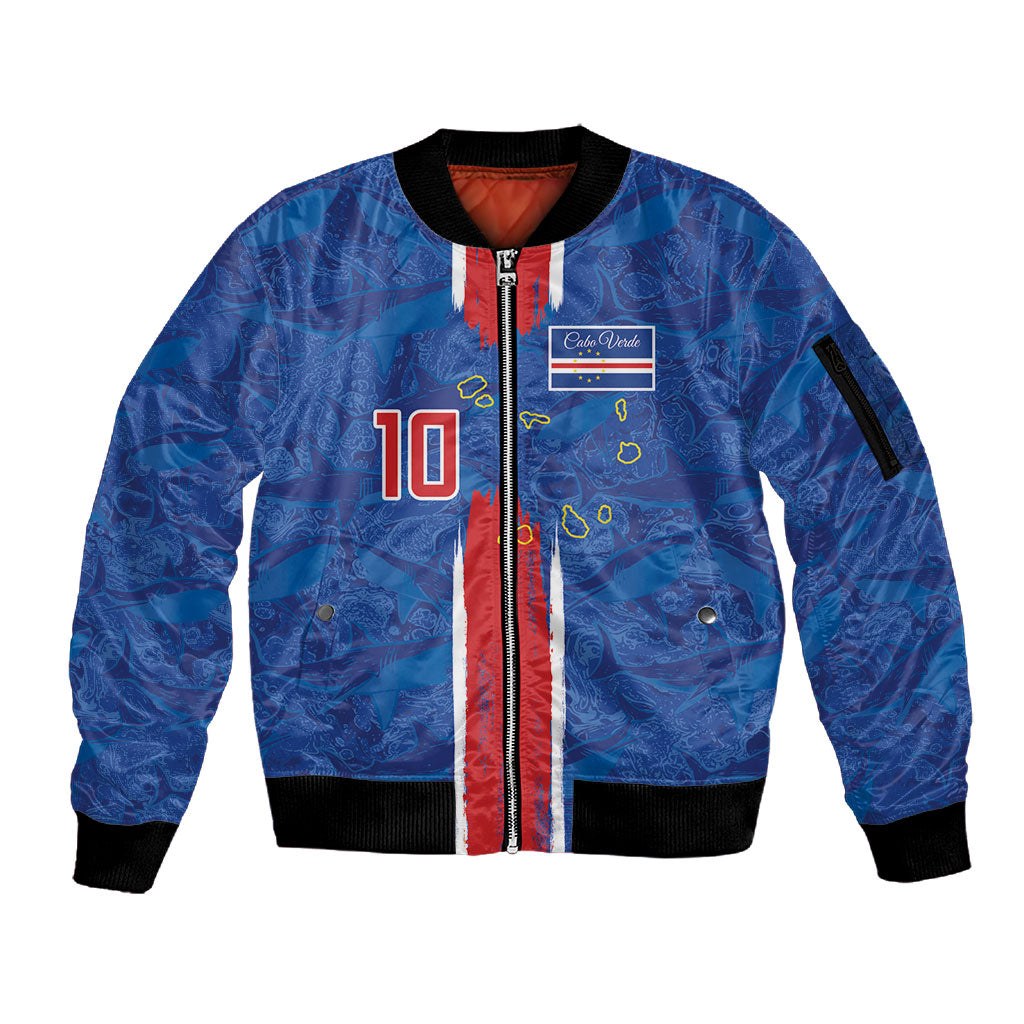 Cabo Verde Custom Sleeve Zip Bomber Jacket Paint Brush Stroke Shark Pattern Map Design