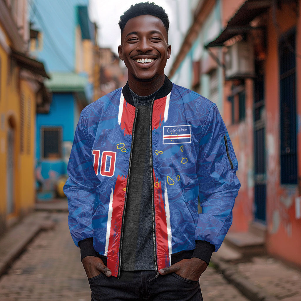 Cabo Verde Custom Sleeve Zip Bomber Jacket Paint Brush Stroke Shark Pattern Map Design