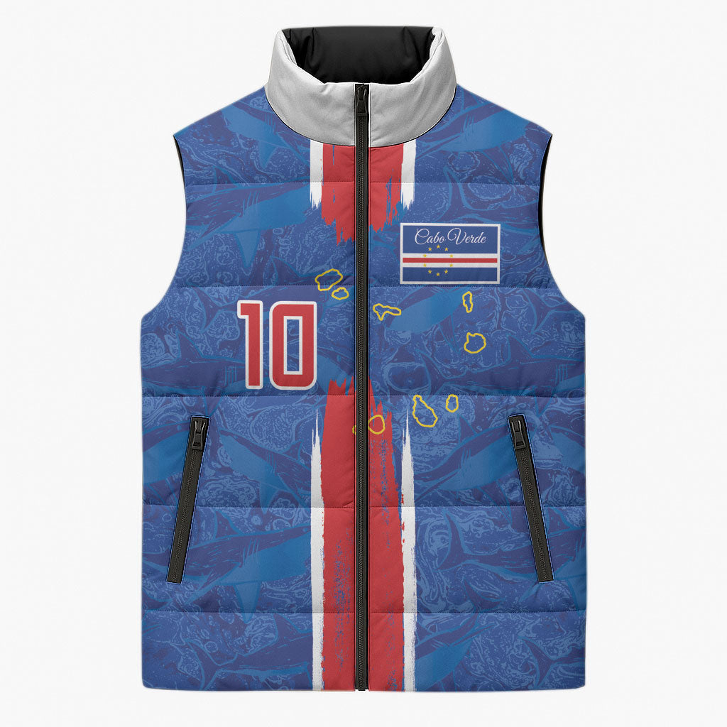 Cabo Verde Custom Sleeveless Puffer Jacket Paint Brush Stroke Shark Pattern Map Design