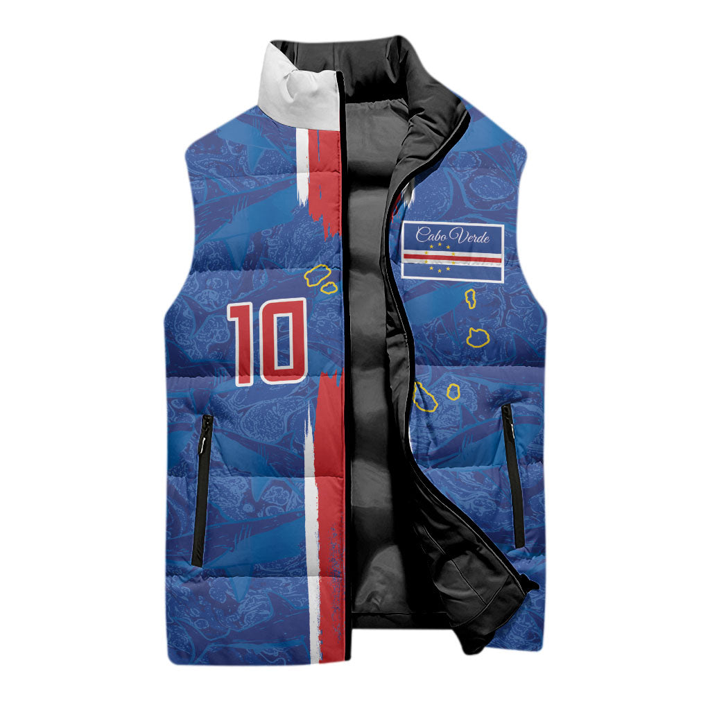 Cabo Verde Custom Sleeveless Puffer Jacket Paint Brush Stroke Shark Pattern Map Design