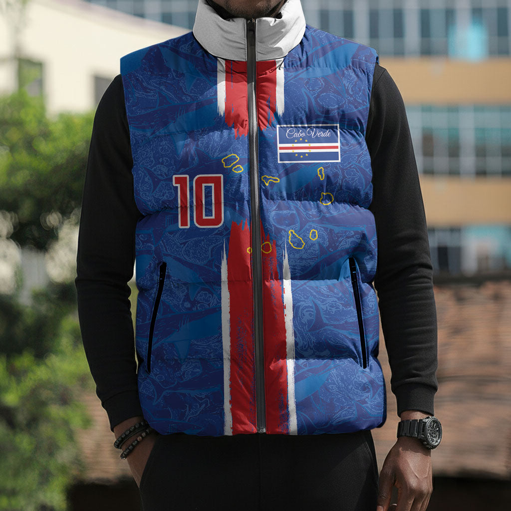 Cabo Verde Custom Sleeveless Puffer Jacket Paint Brush Stroke Shark Pattern Map Design
