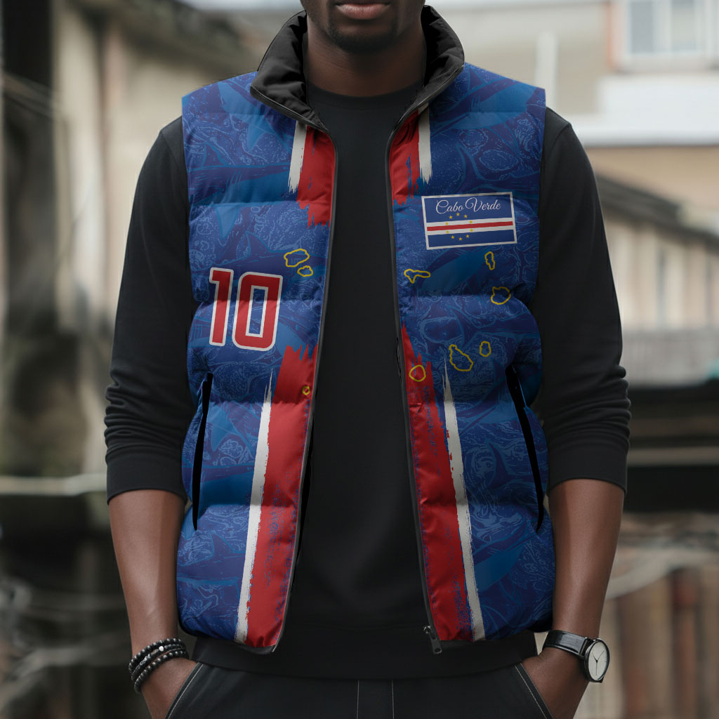 Cabo Verde Custom Sleeveless Puffer Jacket Paint Brush Stroke Shark Pattern Map Design