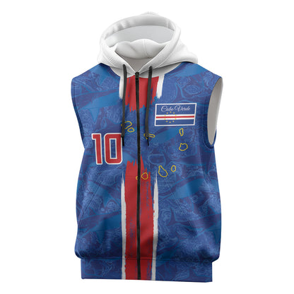 Cabo Verde Custom Sleeveless Zip Hoodie Paint Brush Stroke Shark Pattern Map Design