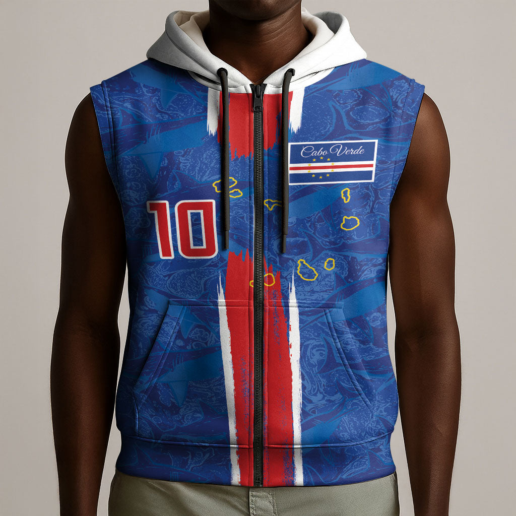 Cabo Verde Custom Sleeveless Zip Hoodie Paint Brush Stroke Shark Pattern Map Design