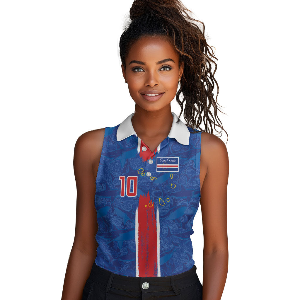 Cabo Verde Custom Women Sleeveless Polo Shirt Paint Brush Stroke Shark Pattern Map Design