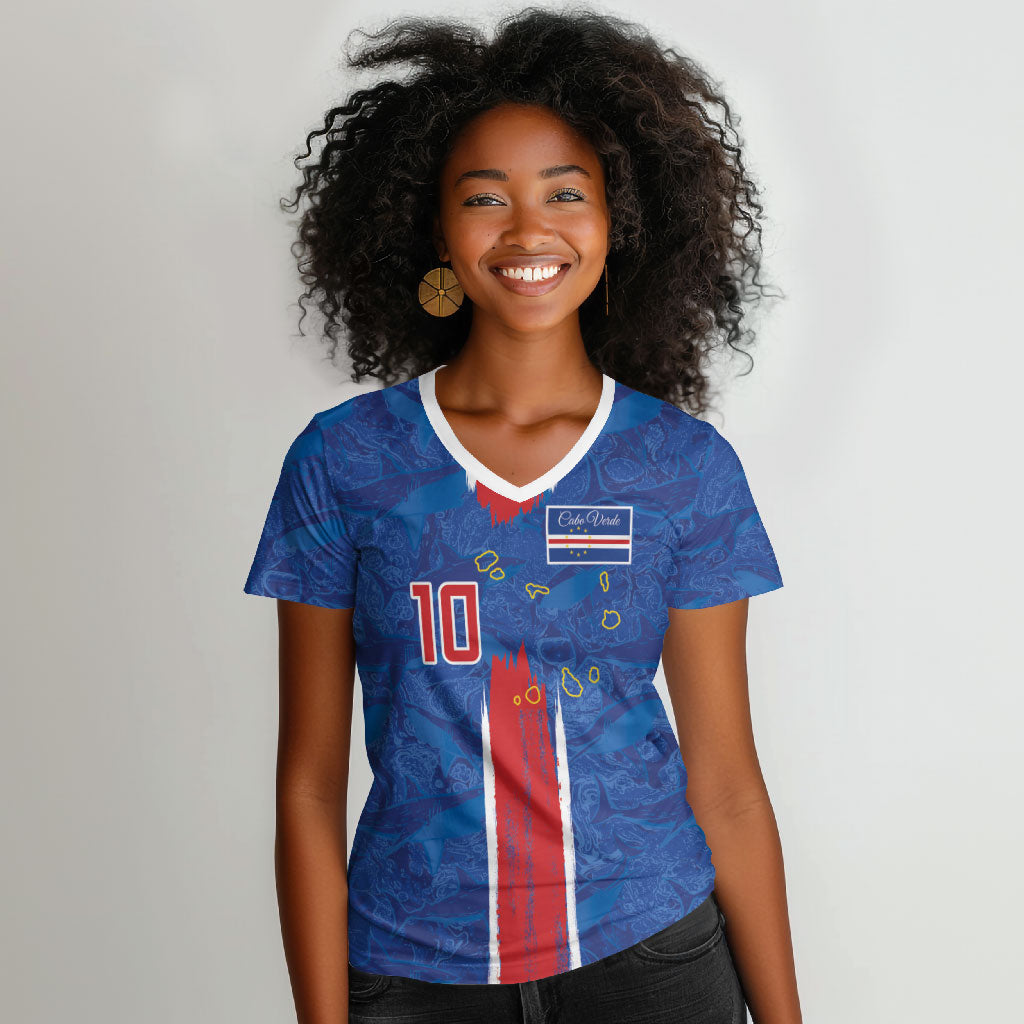 Cabo Verde Custom Women V-Neck T-Shirt Paint Brush Stroke Shark Pattern Map Design