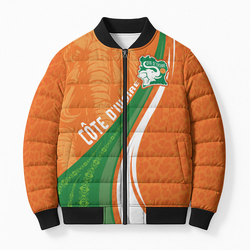 Cote D'Ivoire Football Custom Bomber Puffer Jacket Abstract Wave Pattern Tribal Sporty Style