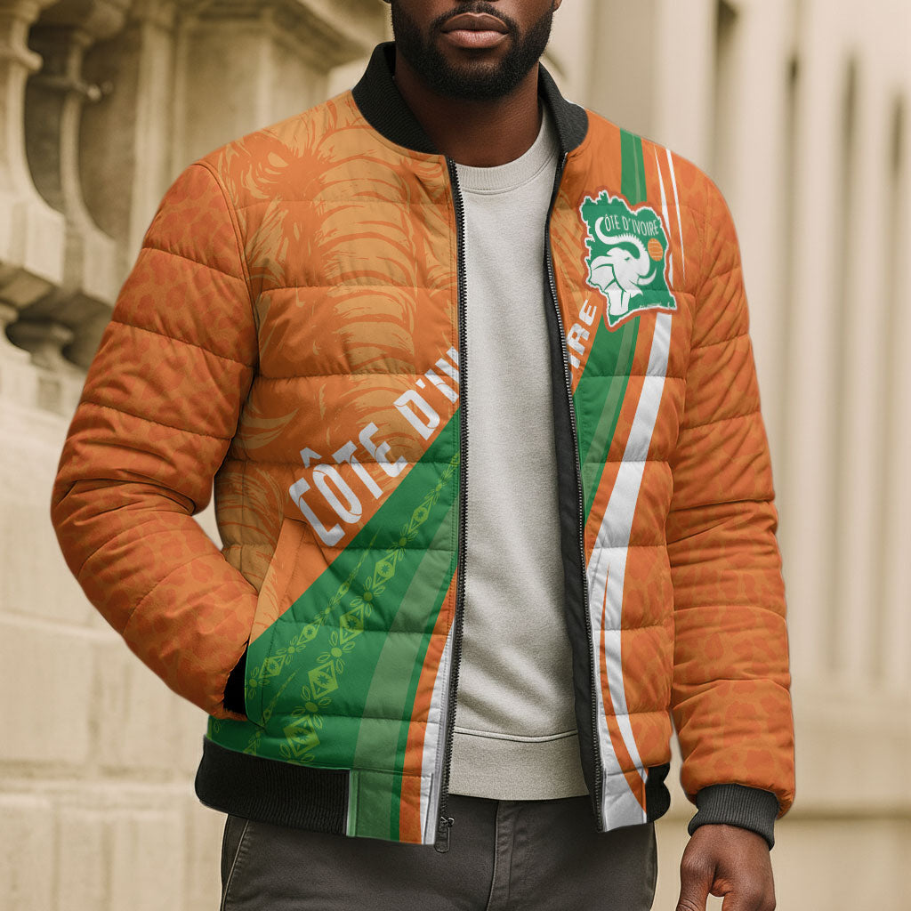 Cote D'Ivoire Football Custom Bomber Puffer Jacket Abstract Wave Pattern Tribal Sporty Style