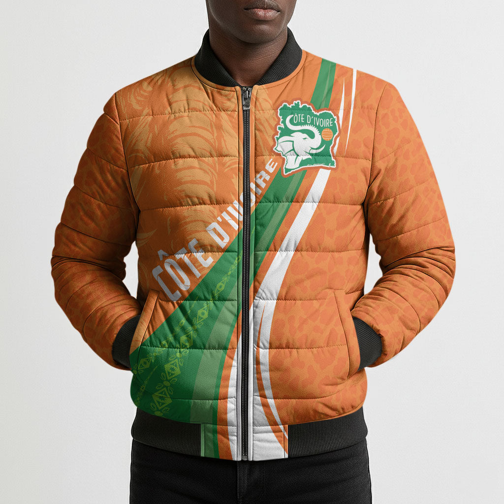 Cote D'Ivoire Football Custom Bomber Puffer Jacket Abstract Wave Pattern Tribal Sporty Style