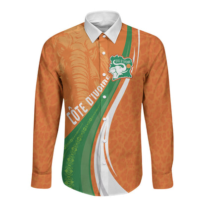 Cote D'Ivoire Football Custom Long Sleeve Button Shirt Abstract Wave Pattern Tribal Sporty Style