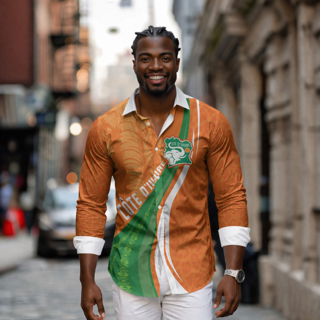 Cote D'Ivoire Football Custom Long Sleeve Button Shirt Abstract Wave Pattern Tribal Sporty Style