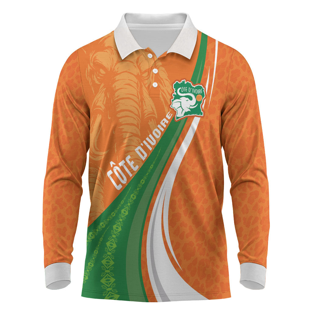 Cote D'Ivoire Football Custom Long Sleeve Polo Shirt Abstract Wave Pattern Tribal Sporty Style
