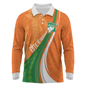 Cote D'Ivoire Football Custom Long Sleeve Polo Shirt Abstract Wave Pattern Tribal Sporty Style