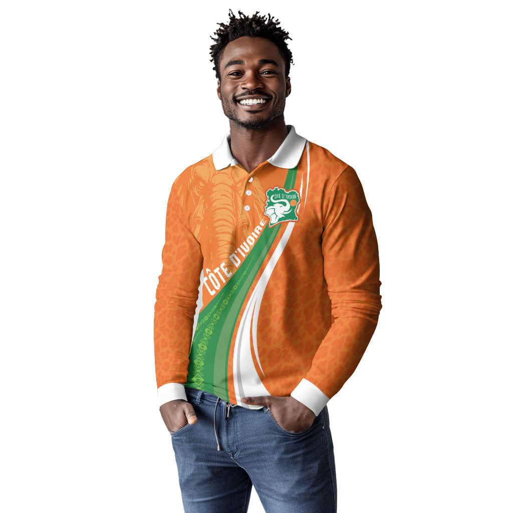 Cote D'Ivoire Football Custom Long Sleeve Polo Shirt Abstract Wave Pattern Tribal Sporty Style