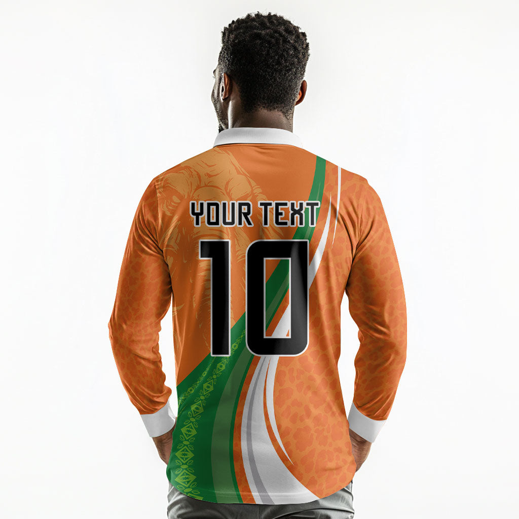 Cote D'Ivoire Football Custom Long Sleeve Polo Shirt Abstract Wave Pattern Tribal Sporty Style