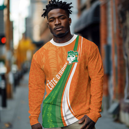 Cote D'Ivoire Football Custom Long Sleeve Shirt Abstract Wave Pattern Tribal Sporty Style