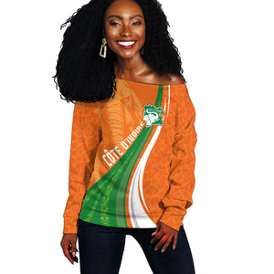 Cote D'Ivoire Football Custom Off Shoulder Sweater Abstract Wave Pattern Tribal Sporty Style