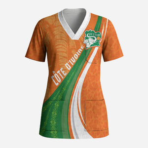 Cote D'Ivoire Football Custom Scrub Top Abstract Wave Pattern Tribal Sporty Style