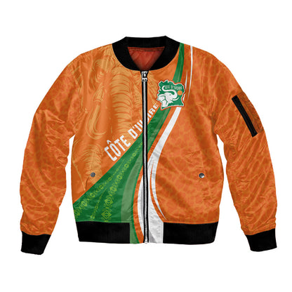 Cote D'Ivoire Football Custom Sleeve Zip Bomber Jacket Abstract Wave Pattern Tribal Sporty Style