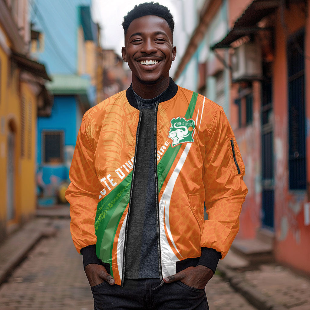 Cote D'Ivoire Football Custom Sleeve Zip Bomber Jacket Abstract Wave Pattern Tribal Sporty Style