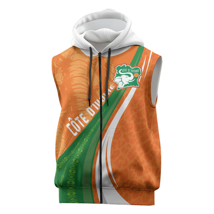 Cote D'Ivoire Football Custom Sleeveless Zip Hoodie Abstract Wave Pattern Tribal Sporty Style