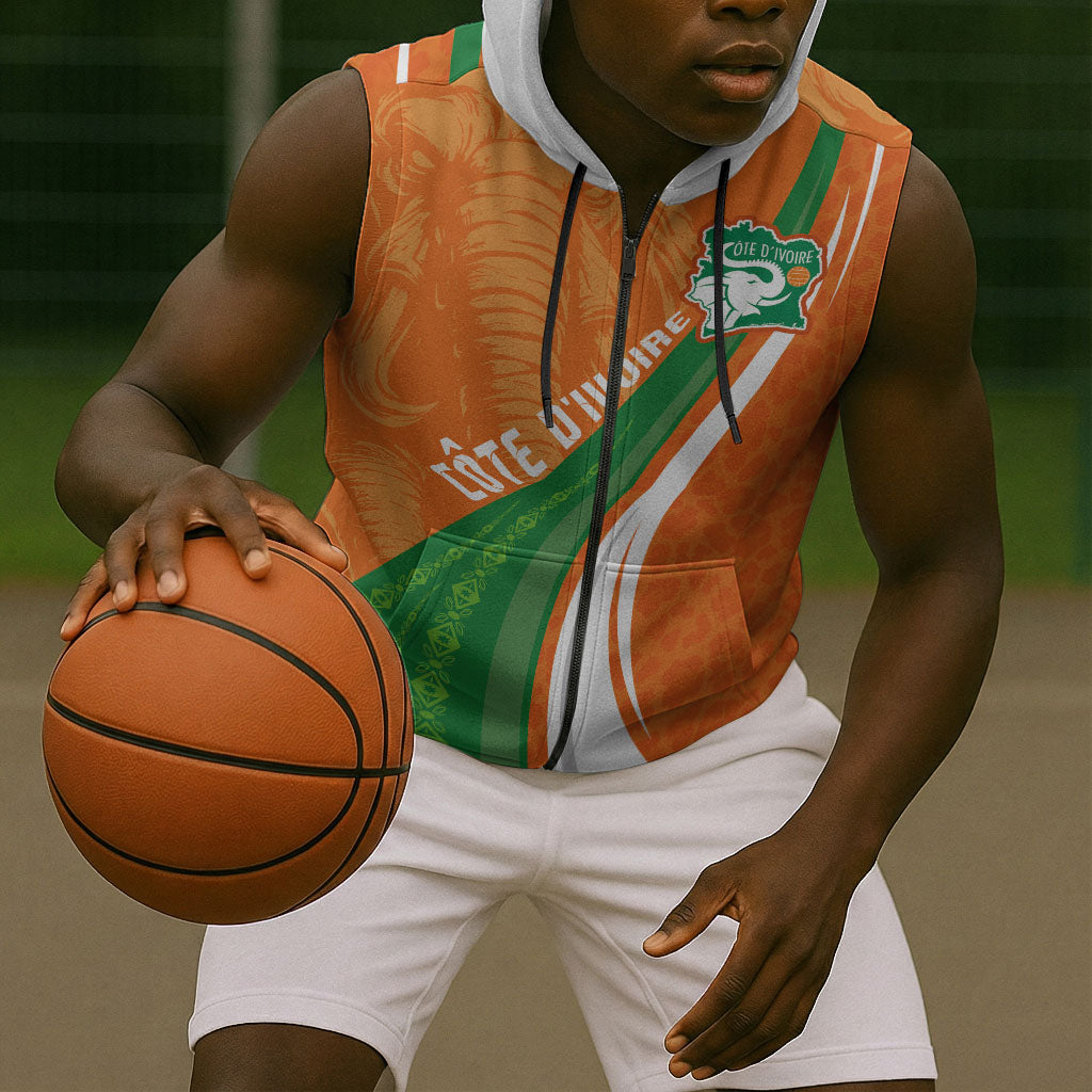 Cote D'Ivoire Football Custom Sleeveless Zip Hoodie Abstract Wave Pattern Tribal Sporty Style