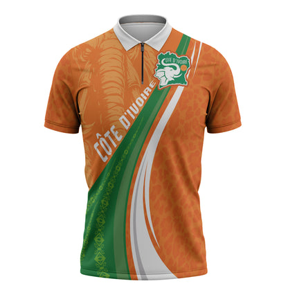 Cote D'Ivoire Football Custom Zipper Polo Shirt Abstract Wave Pattern Tribal Sporty Style