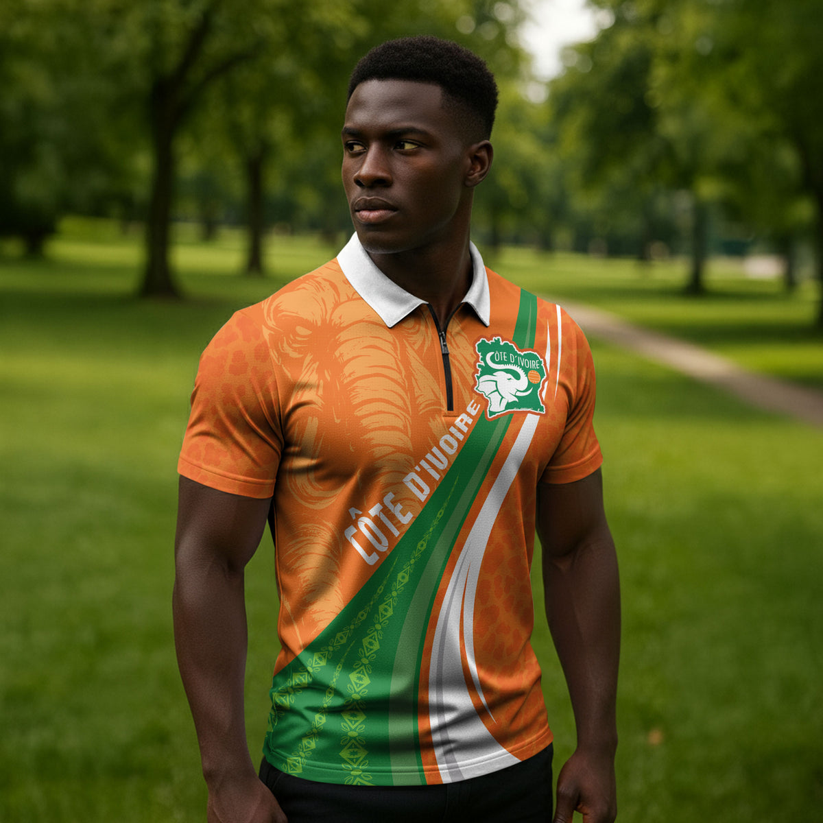 Cote D'Ivoire Football Custom Zipper Polo Shirt Abstract Wave Pattern Tribal Sporty Style