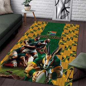 South Africa Rugby Area Rug - Springbok Mascot, Players Fighting for Victory