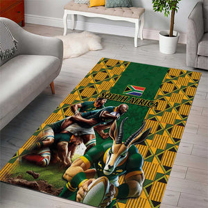 South Africa Rugby Area Rug - Springbok Mascot, Players Fighting for Victory