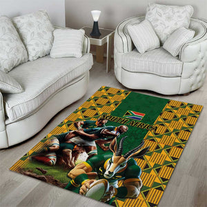 South Africa Rugby Area Rug - Springbok Mascot, Players Fighting for Victory