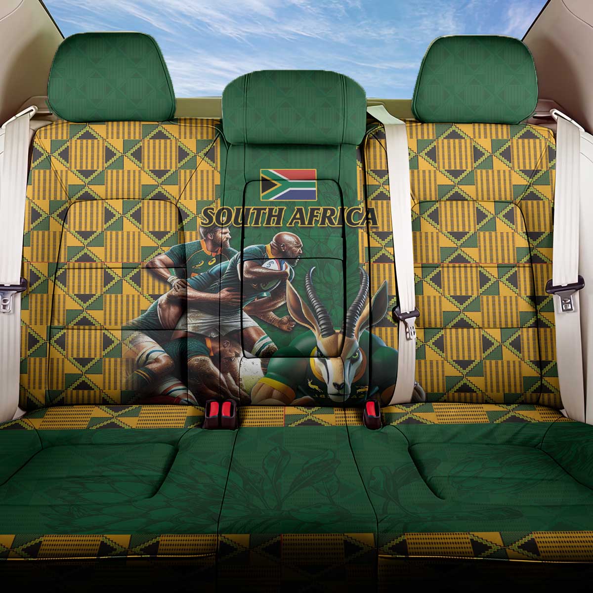 South Africa Rugby Back Car Seat Cover - Springbok Mascot, Players Fighting for Victory