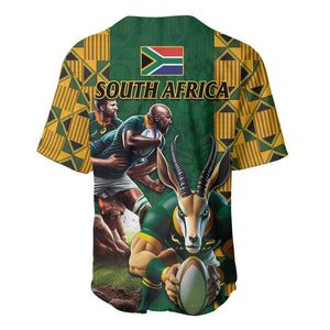 South Africa Rugby Baseball Jersey - Springbok Mascot, Players Fighting for Victory