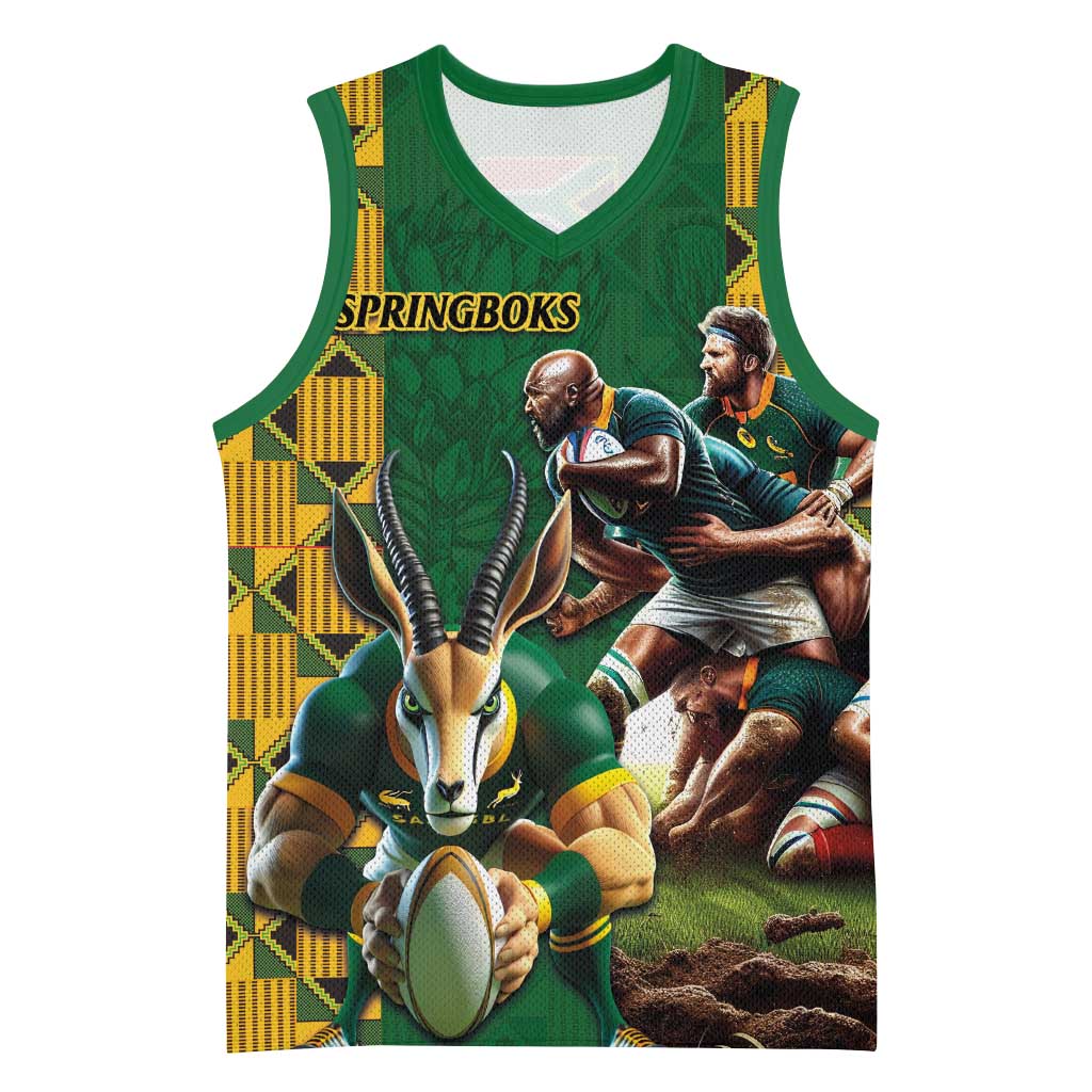 South Africa Rugby Basketball Jersey - Springbok Mascot, Players Fighting for Victory LT03