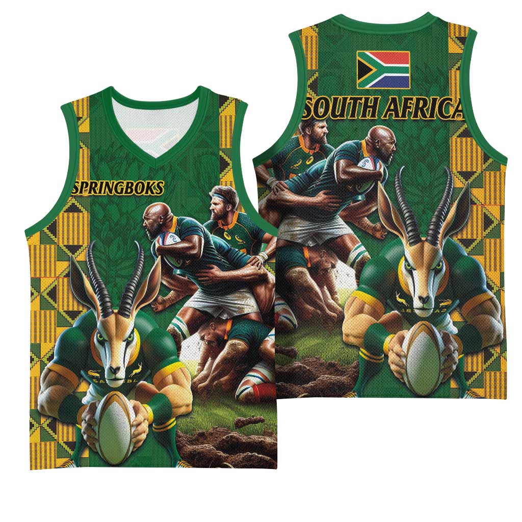 South Africa Rugby Basketball Jersey - Springbok Mascot, Players Fighting for Victory LT03