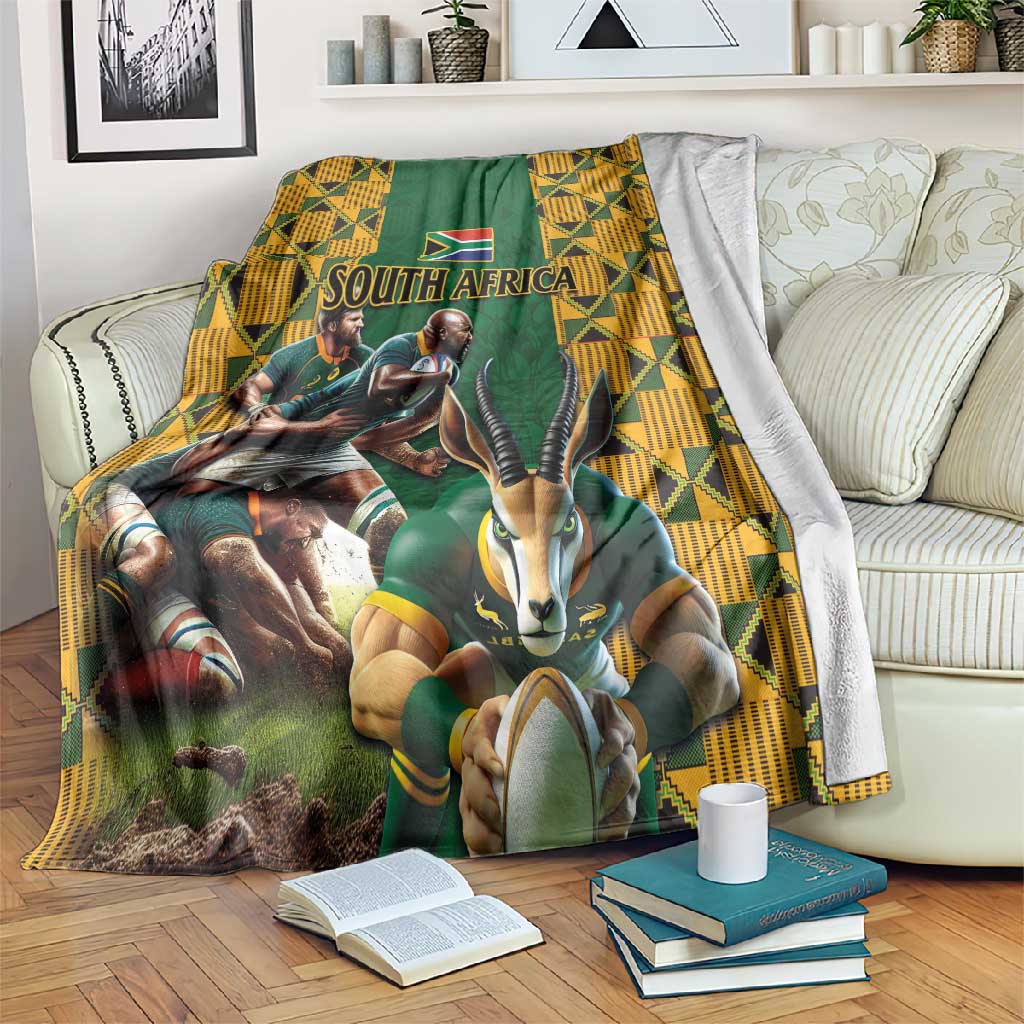 South Africa Rugby Blanket - Springbok Mascot, Players Fighting for Victory