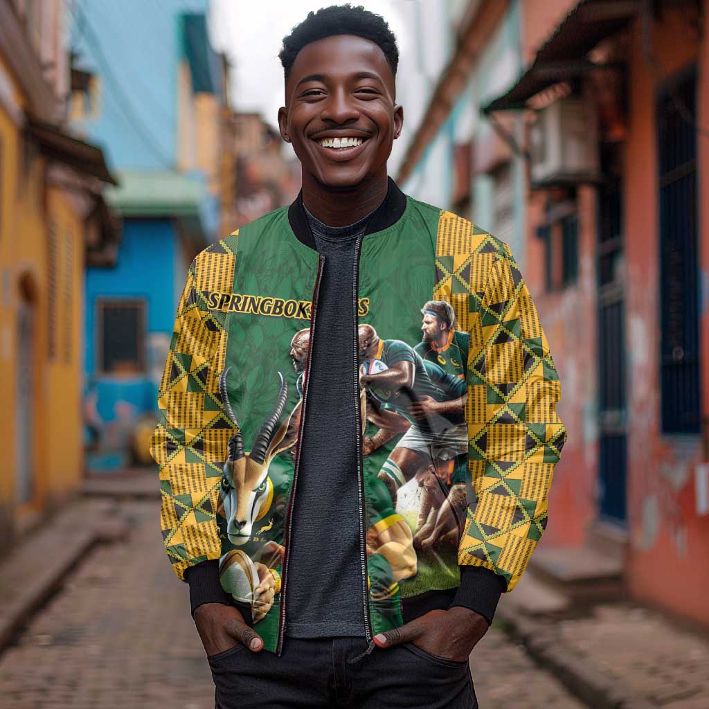 South Africa Rugby Bomber Jacket - Springbok Mascot, Players Fighting for Victory